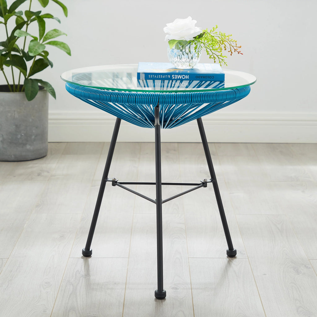 Woven Wicker Patio Side Table with Glass Top O33902