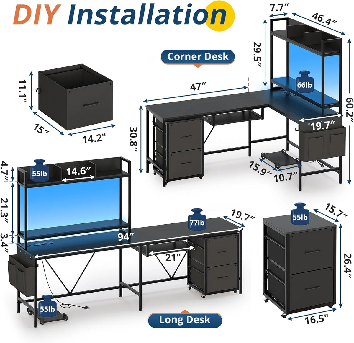L Shaped Computer Desk with Power Outlet and LED Strip, Black R47365