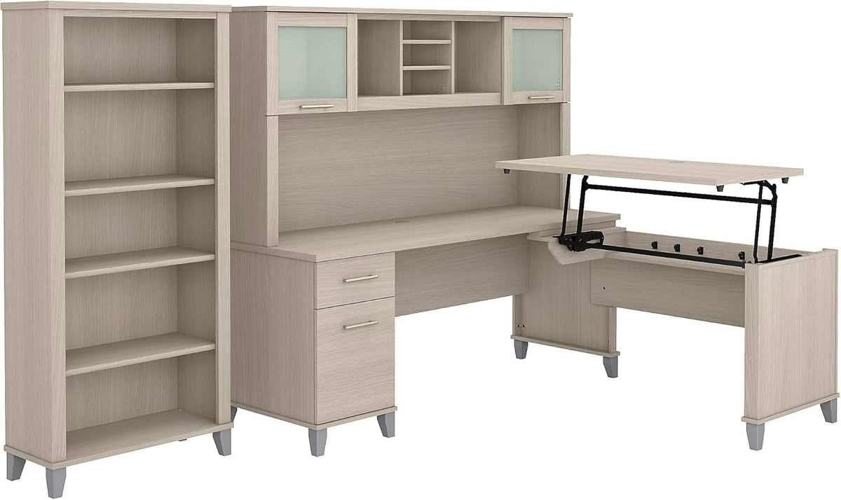 72W L Shaped Sit to Stand Desk with Hutch and Bookcase B9142