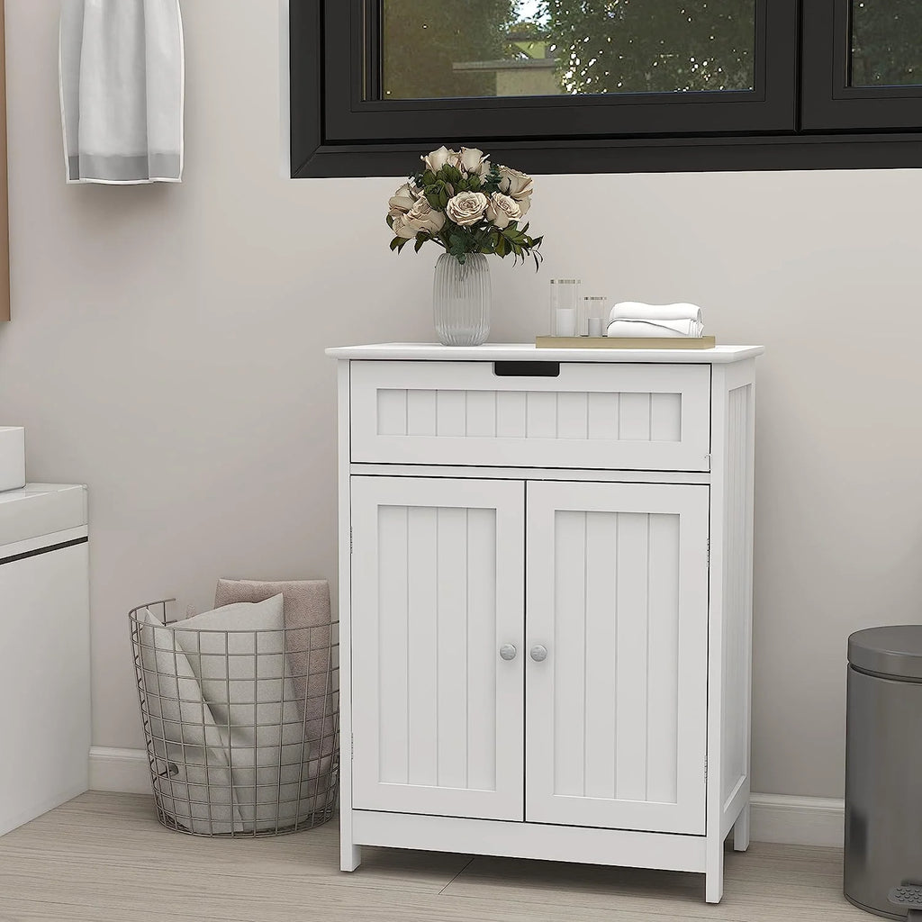 White 2 Door 1 Drawer Wood Bathroom Floor Cabinet K260