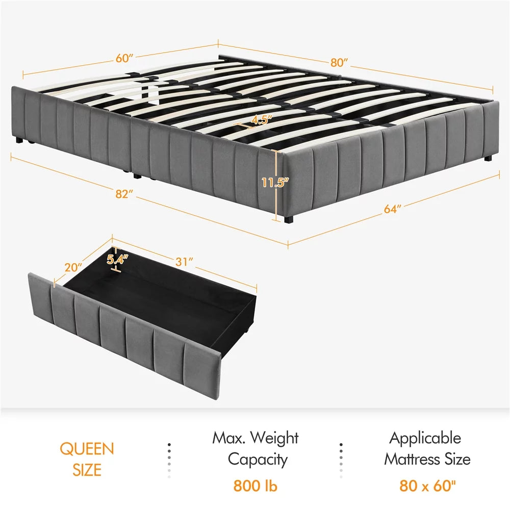 Queen Size Upholstered Bed Frame with 4 Storage Drawers, Beige V593666