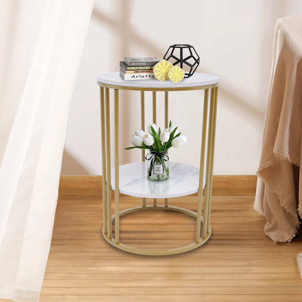 Round Marble 2 Tier Gold Metal Accent Table X197
