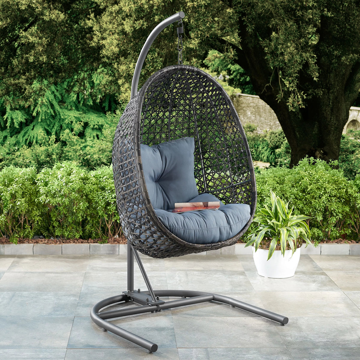 Grey Wicker Hanging Egg Chair with Stand E722
