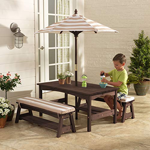 Outdoor Wooden Table & Bench Set with Cushions and Umbrella U68203