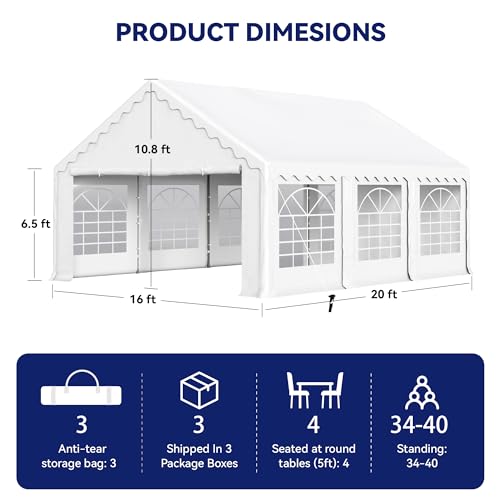 20'x16' Heavy Duty Canopy with Removable Sidewalls & 3 Storage Bags, White I6213
