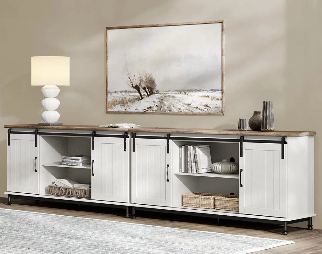 White Wood TV Stand with Sliding Barn Door W35966