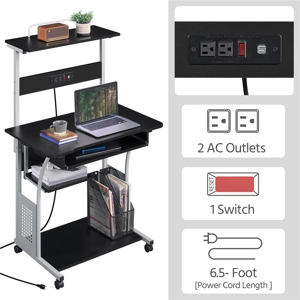 Black 3 Tiers Computer Desk with Outlet Printer Shelf R75979