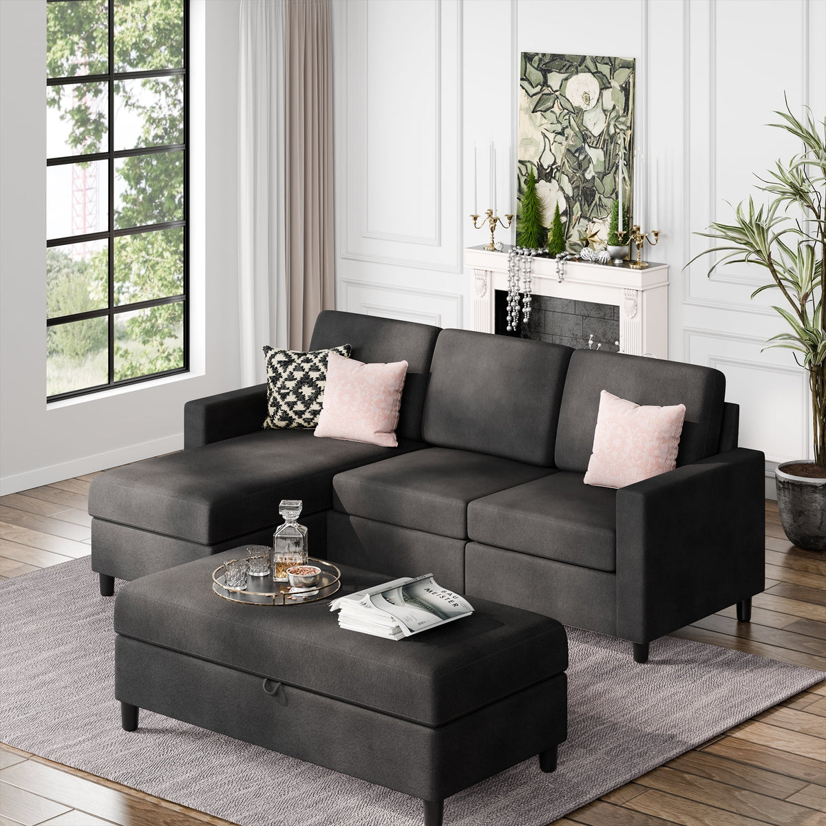 L Shaped 4 Seat Sectional Sofa with Storage Ottoman P3590