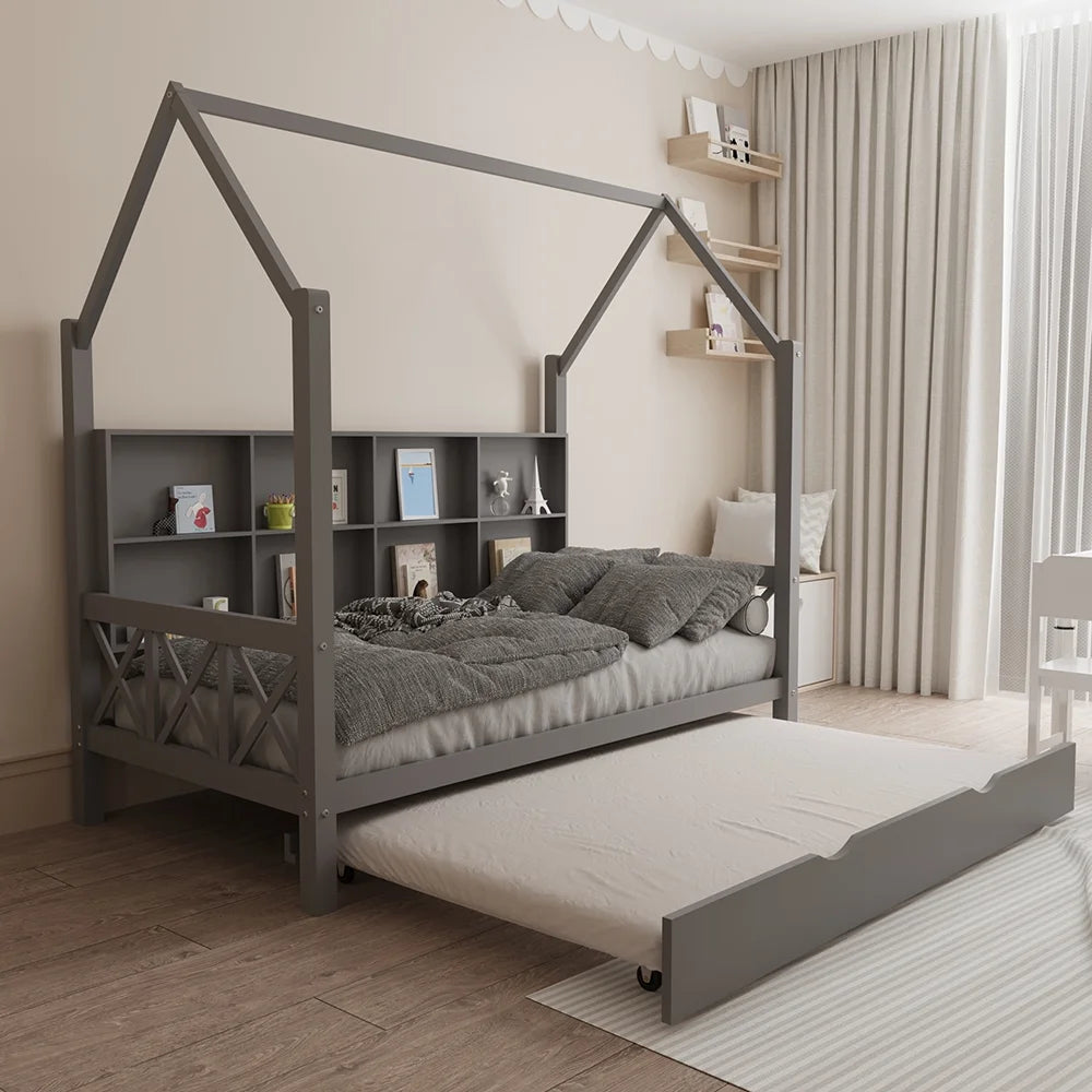 Twin House Bed with Trundle and Storage Shelve T737