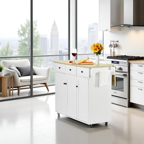 White Mobile Kitchen Island Cart with Drop Leaf X2656