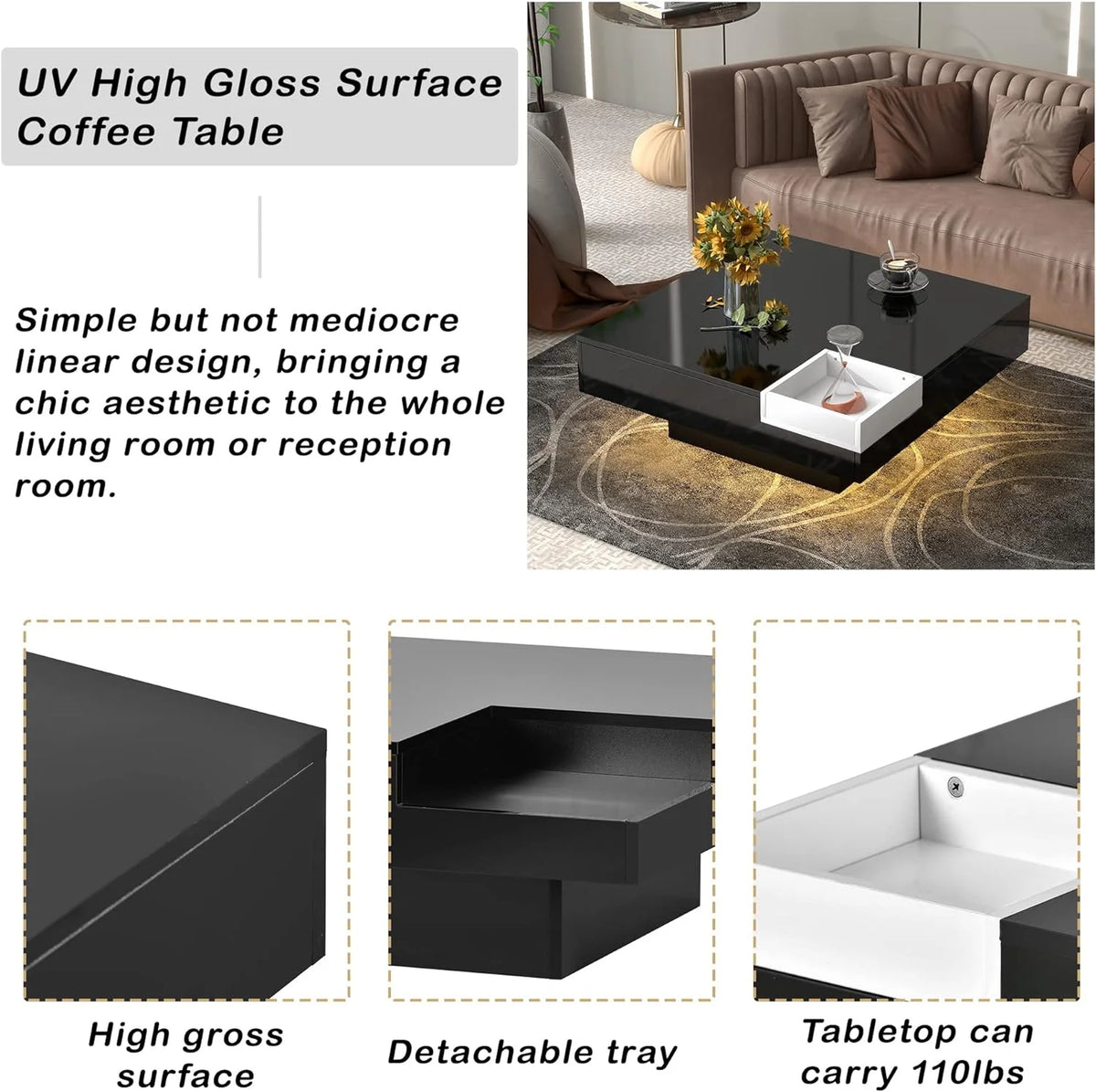 Black Square Coffee Table with Tray and LED Lights O30075