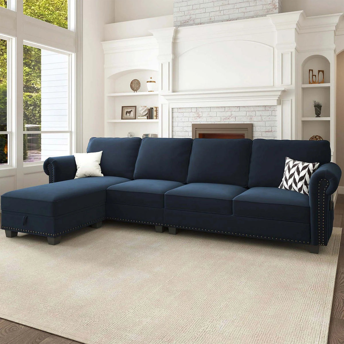 Black Velvet Sectional Sofa with Storage Ottoman and Reversible Chaise I179163