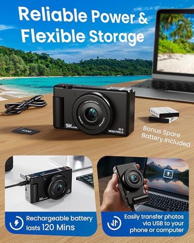 5K Digital Camera 64MP 18X Zoom 3" Flip Screen Dual-Lens Black F782764
