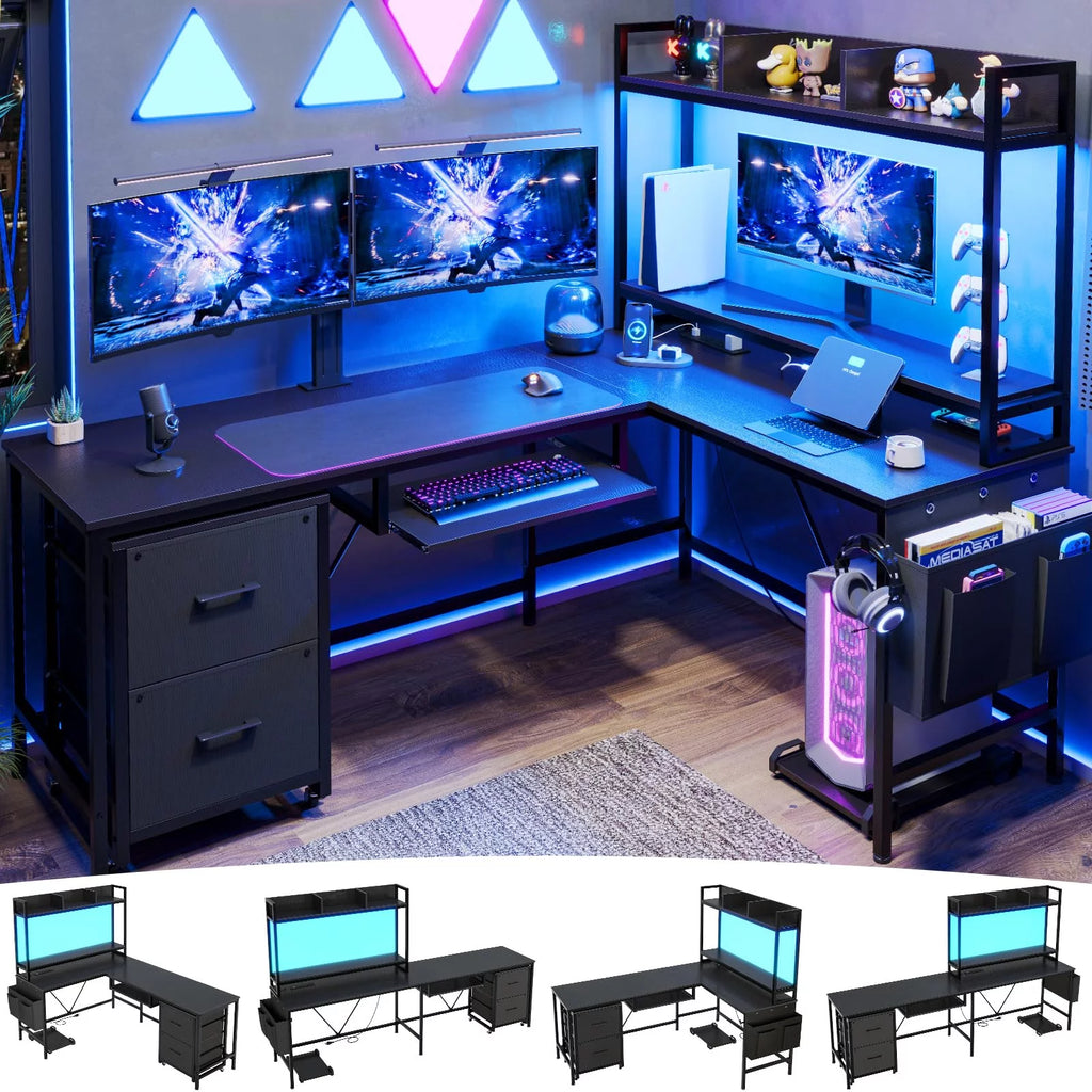 L Shaped Computer Desk with Power Outlet and LED Strip, Black R47365