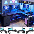 L Shaped Computer Desk with Power Outlet and LED Strip, Black R47365