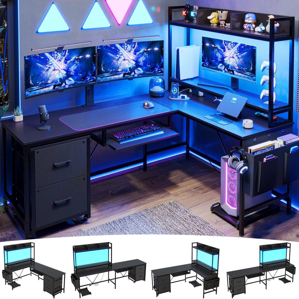 L Shaped Computer Desk with Power Outlet and LED Strip, Black R47365