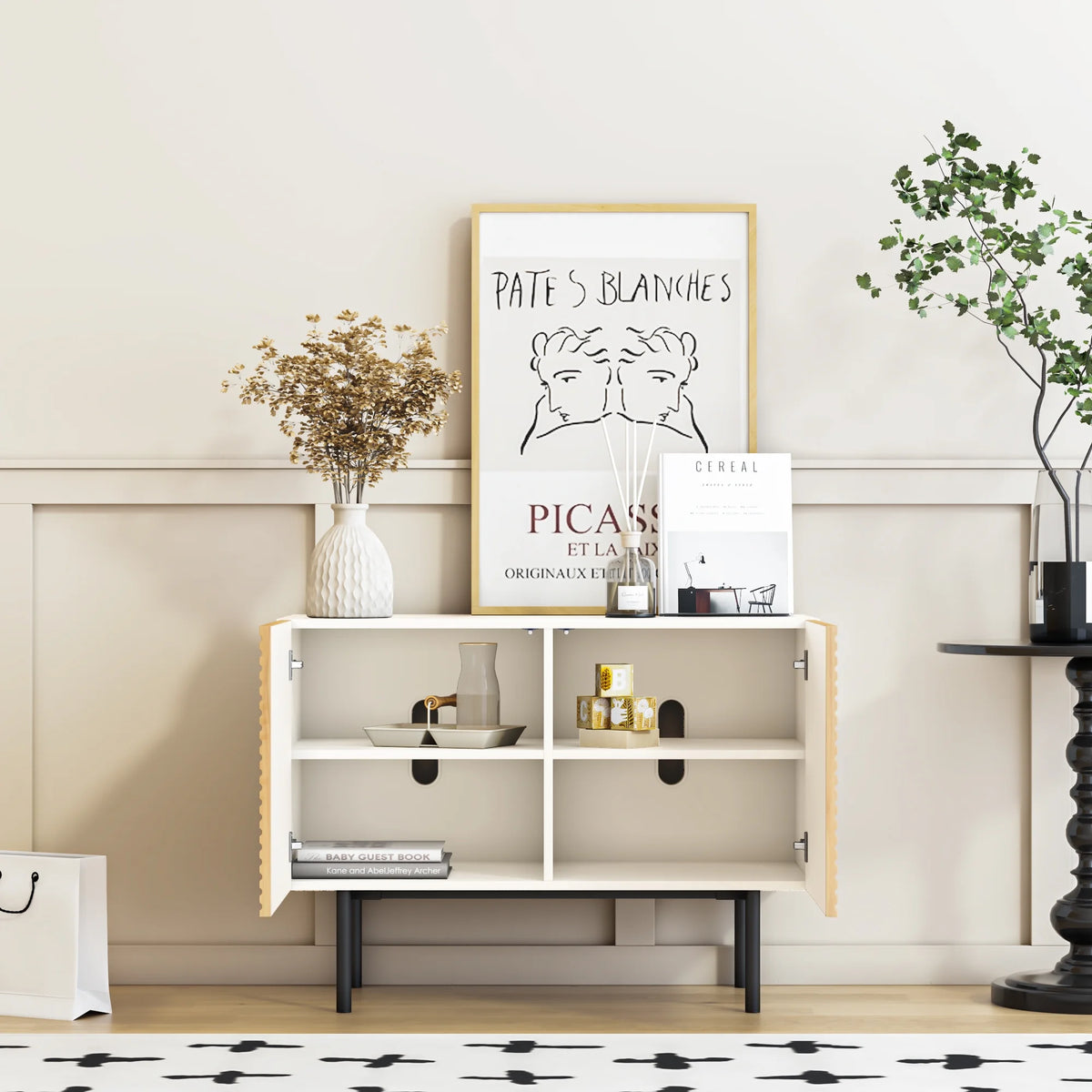 Mid Century Poplar Wood Sideboard Buffet Cabinet with Doors E6981