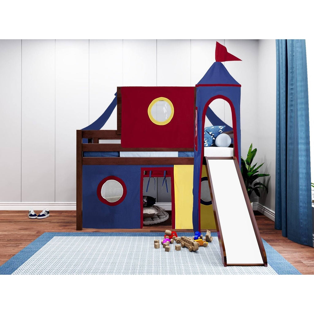 Low Loft Twin Bed with Slide and Tent and Tower, Gray W32616