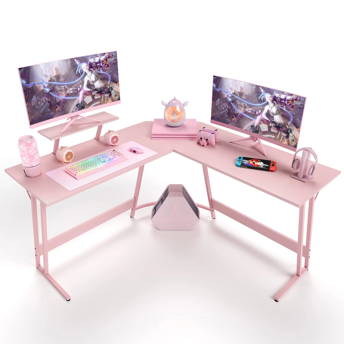 Pink L-Shaped Gaming Desk with Monitor Riser E280