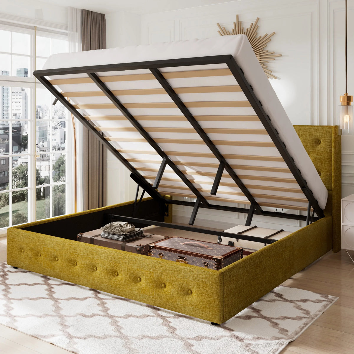 Queen Size Lift Up Storage Bed Frame with Wingback Headboard P264872