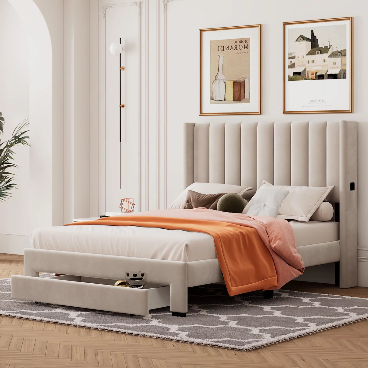 Beige Full Size Wood Platform Bed with Drawer X4853
