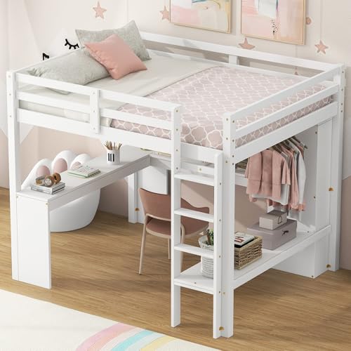 Grey Wood Full Size Loft Bed Frame with Desk, Wardrobe and Shelves Q49243