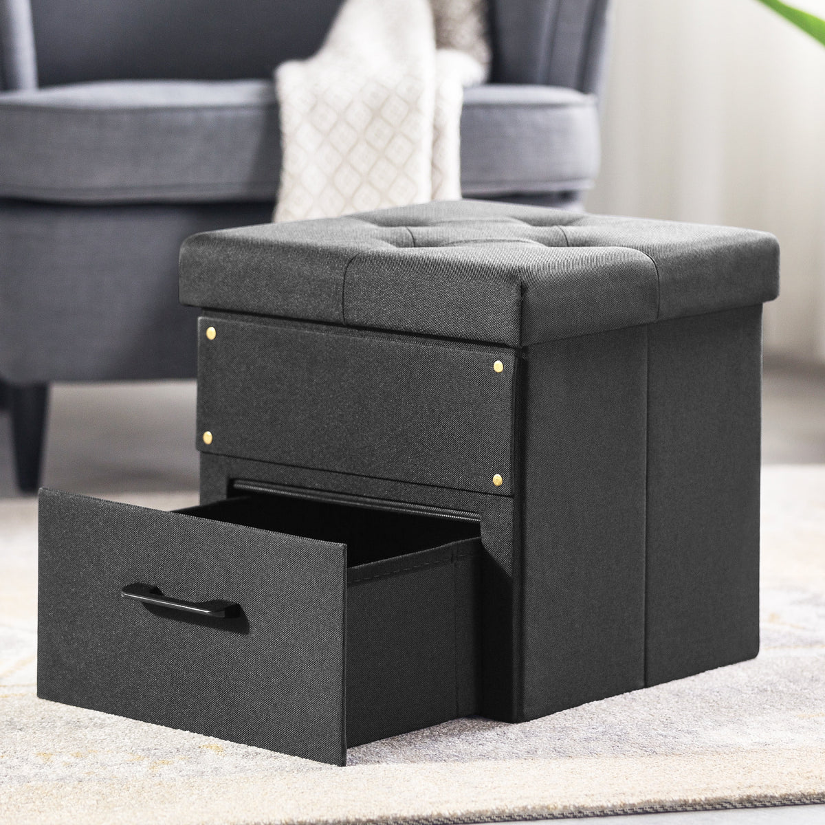 15" Black Ottoman with Storage Drawer G2065