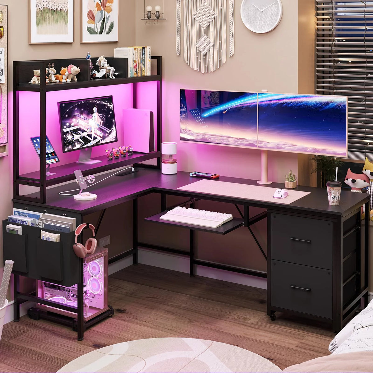 L Shaped Computer Desk with Power Outlet and LED Strip, Black R47365