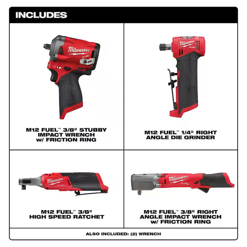 12V Cordless 3/8 in. Impact Wrench, Right Angle Impact Wrench, High Speed Ratchet & Die Grinder D707