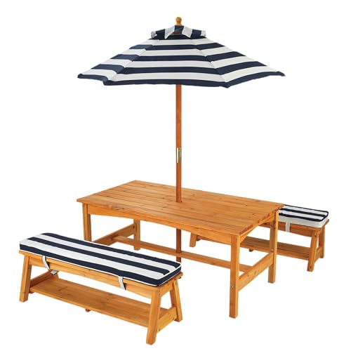 Outdoor Wooden Table & Bench Set with Cushions and Umbrella U68203