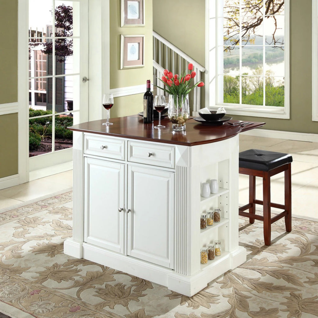 Drop Leaf Kitchen Island with Upholstered Square Seat Stools S951