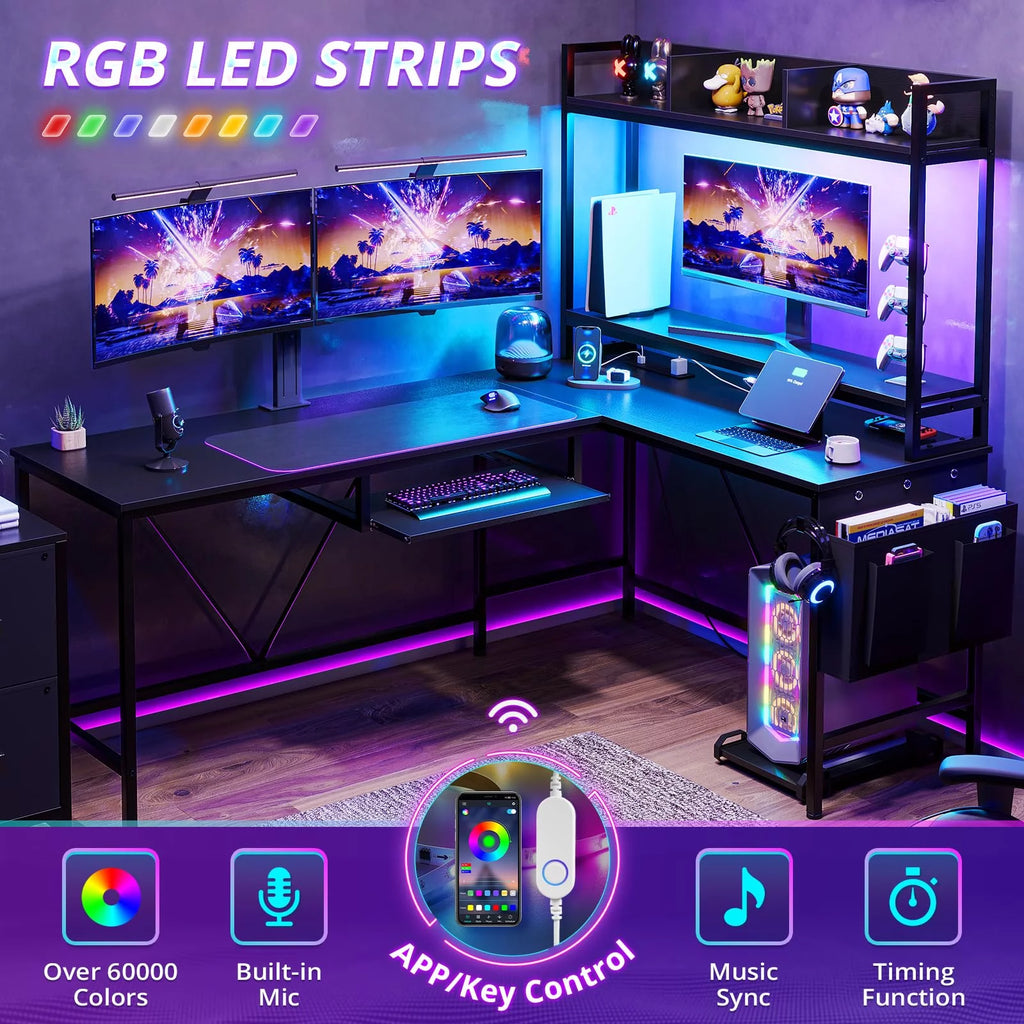L Shaped Computer Desk with Power Outlet and LED Strip, Black R47365