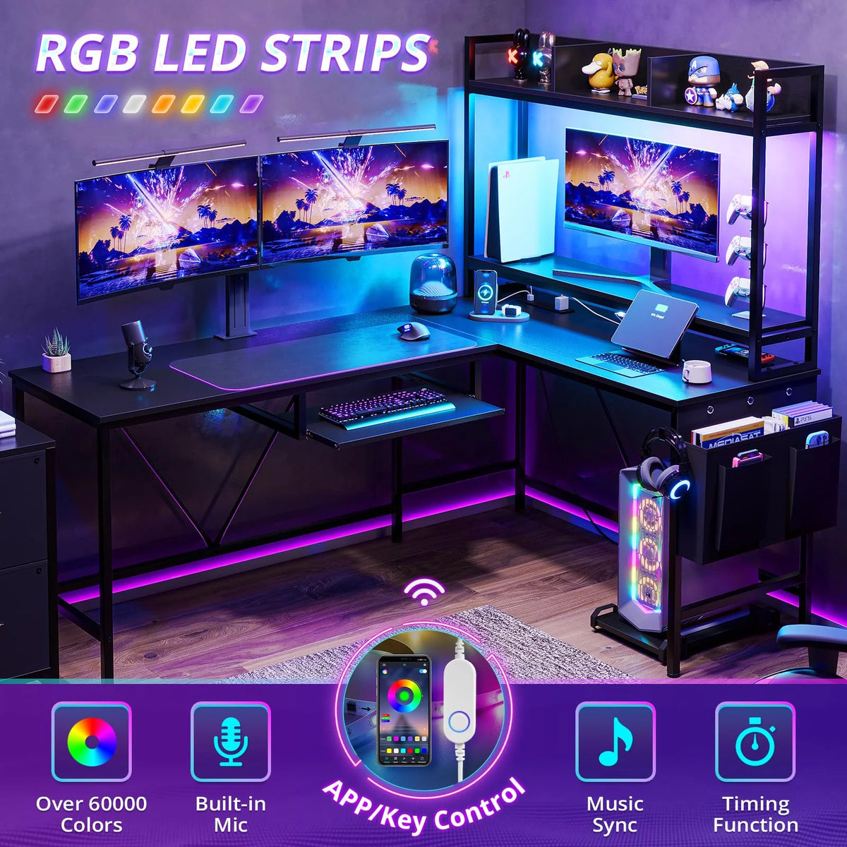 L Shaped Computer Desk with Power Outlet and LED Strip, Black R47365