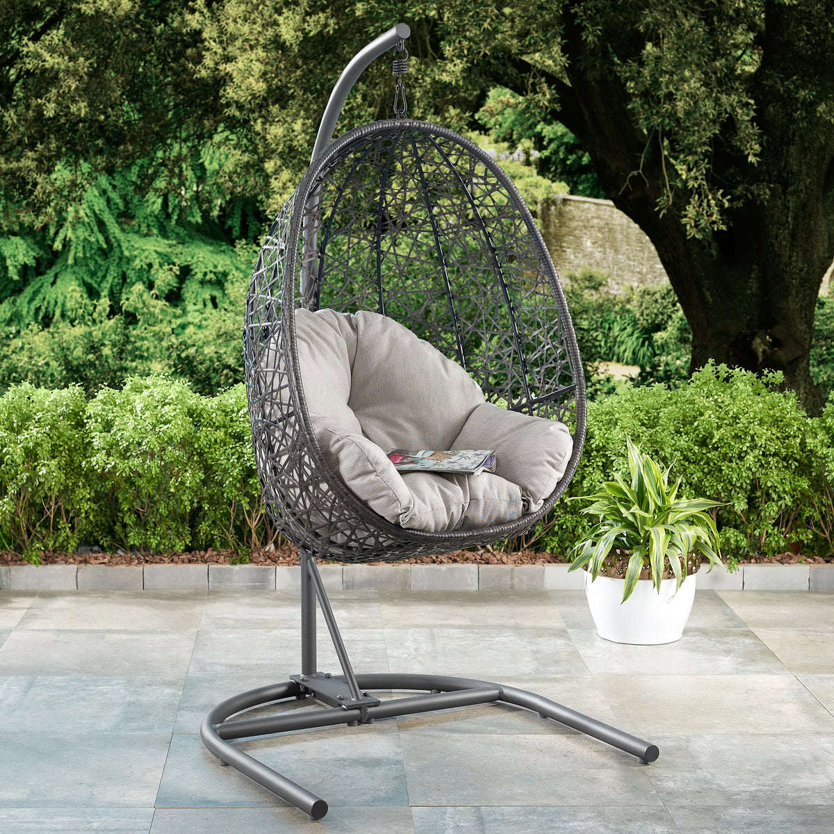Grey Wicker Hanging Egg Chair with Stand E722
