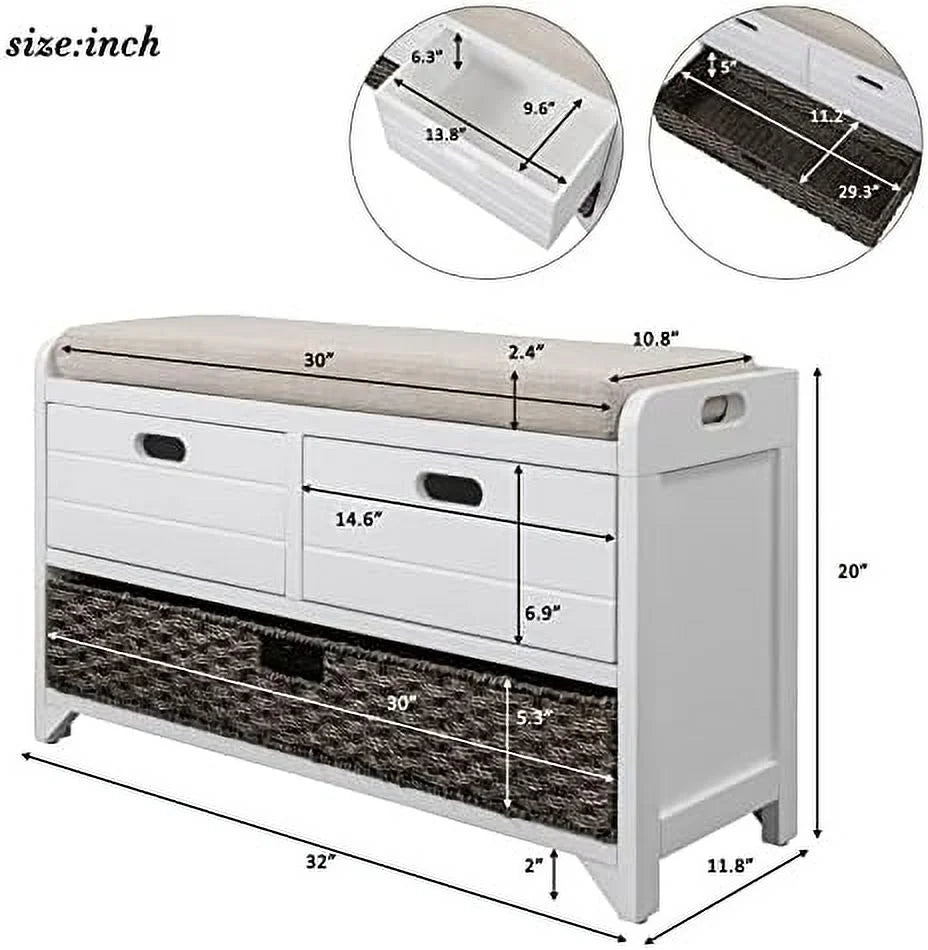 White Wooden Entryway Bench with Cushion 2 Drawers M595990