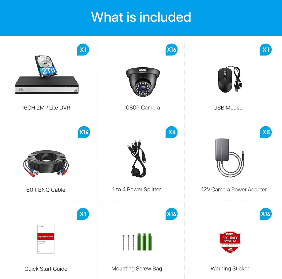 16 Channel 1080p Security Camera System with 2TB Hard Drive and 16 Dome Cameras T3689