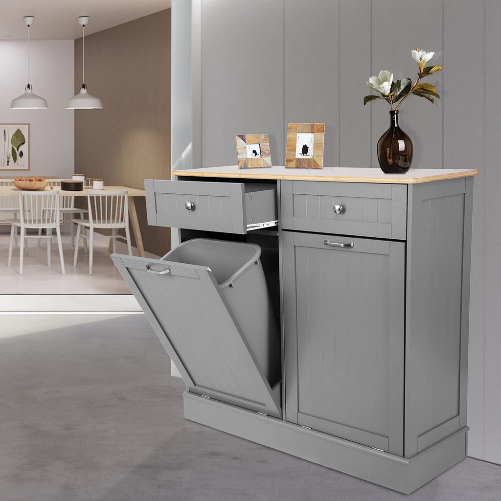 Double Tilt Out Trash Cabinet with Two Wood Drawers, Gray B59326