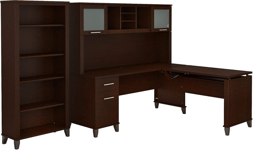 72W L Shaped Sit to Stand Desk with Hutch and Bookcase B9142