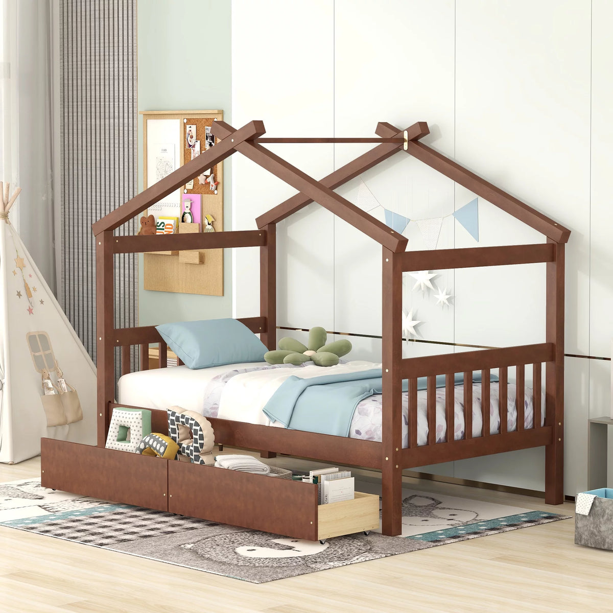 Wood Twin Size House Shaped Canopy Bed with Storage Drawers D625113