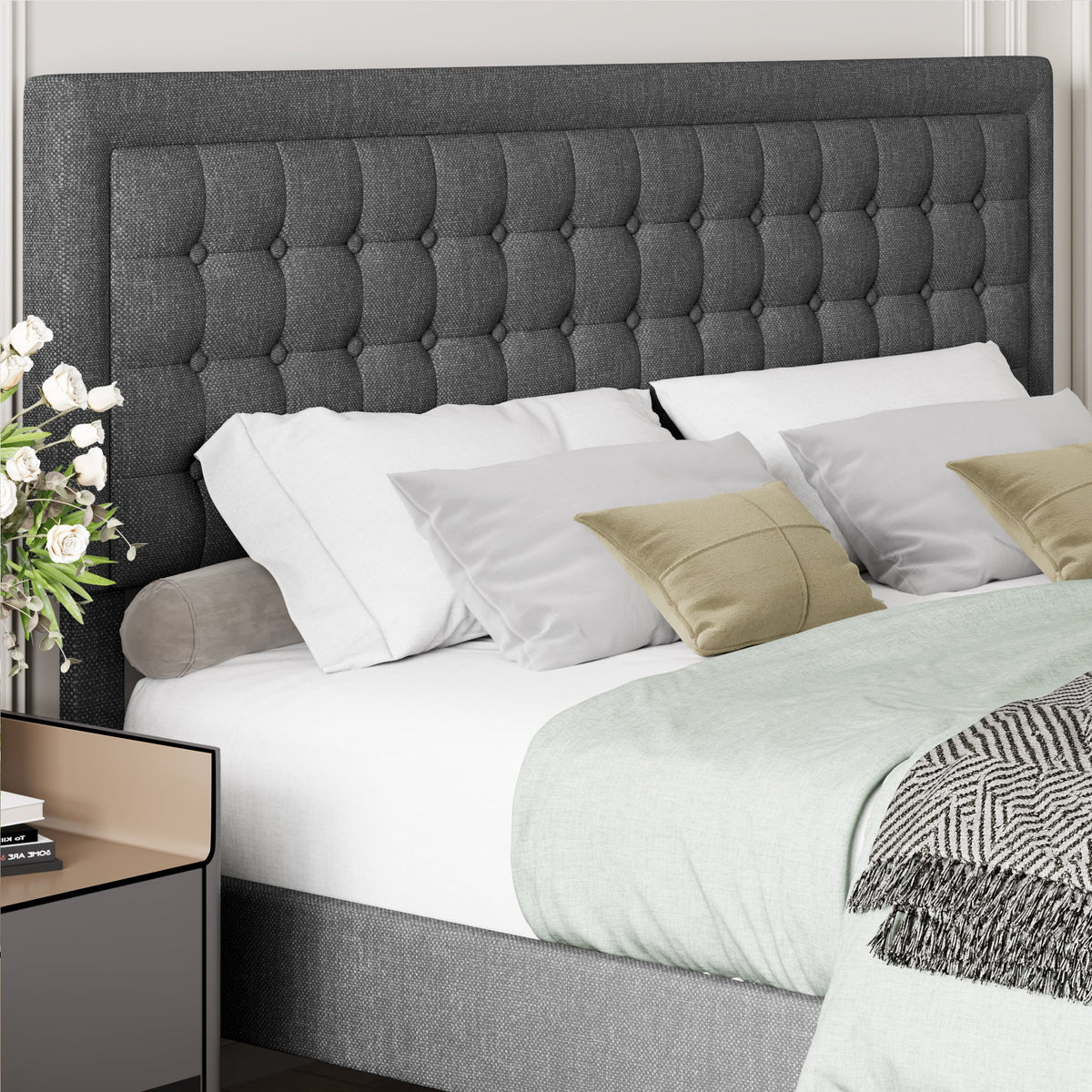 King Size Gray Linen Fabric Upholstered Bed Frame X259