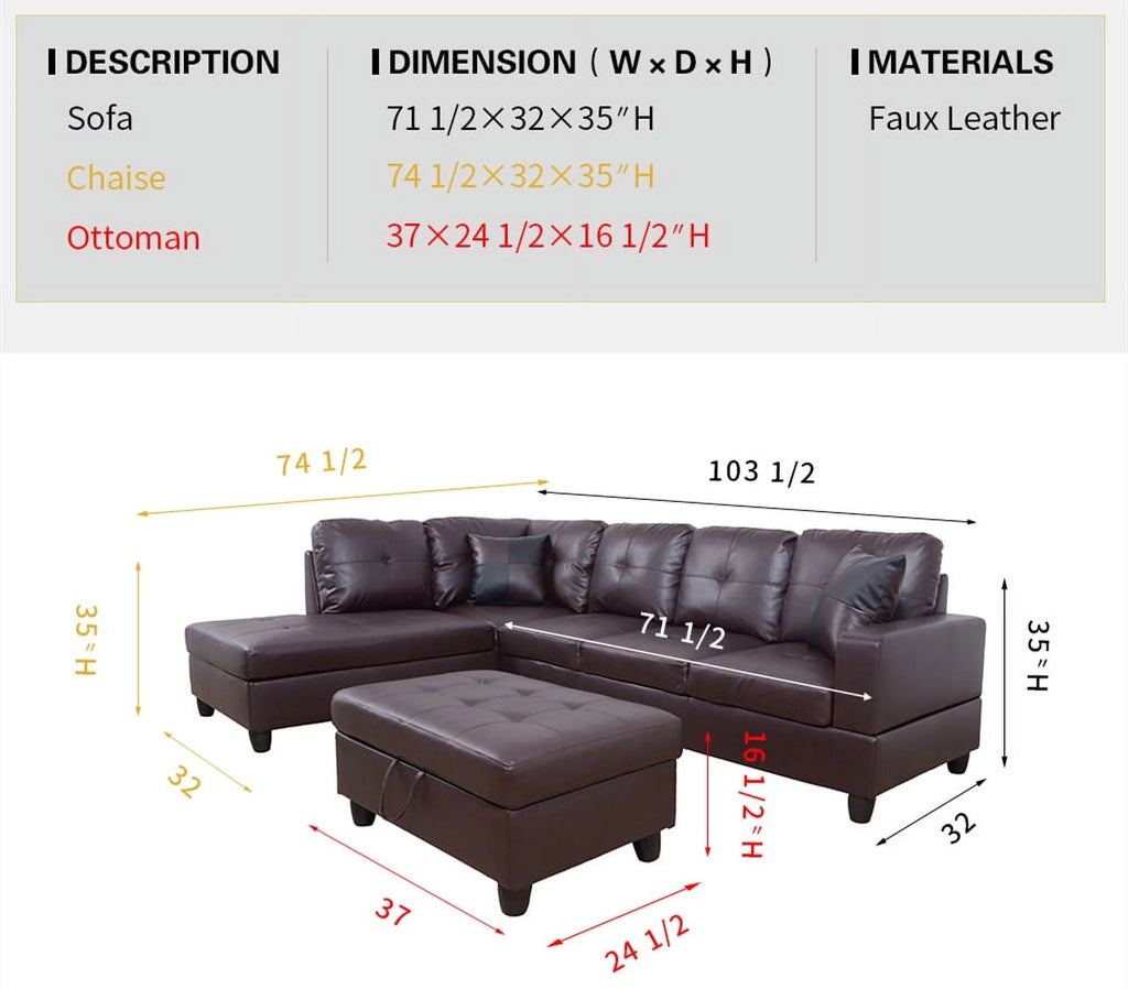 Faux Leather 3 Piece L-Shaped Sectional Sofa Set with Chaise Storage Ottoman and Pillows J623711