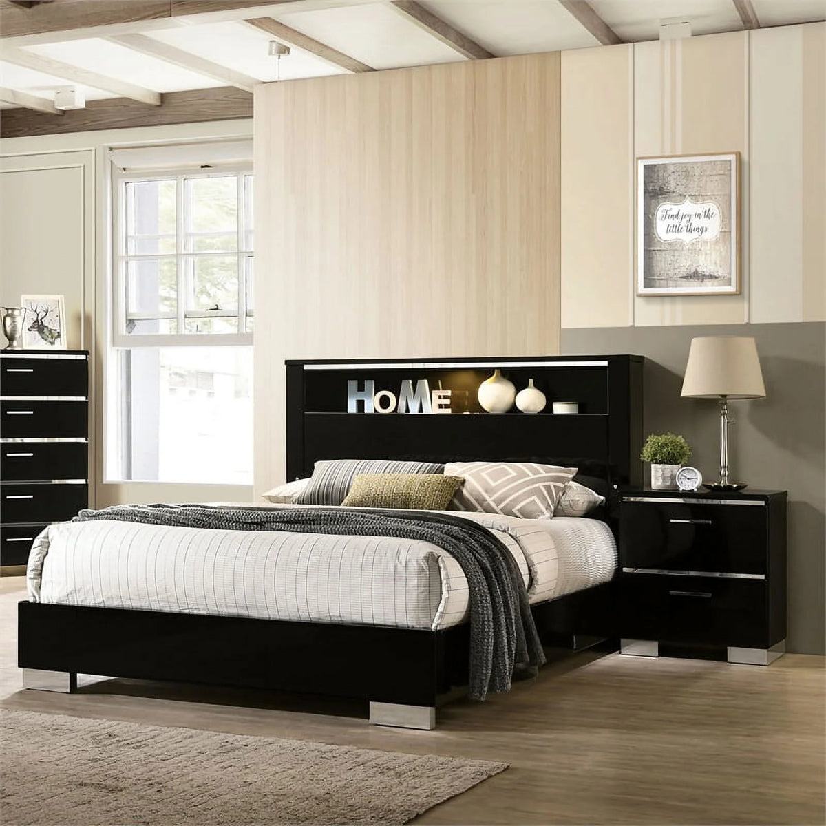 Black Wood Bedroom Set Cal King with Nightstand V1715