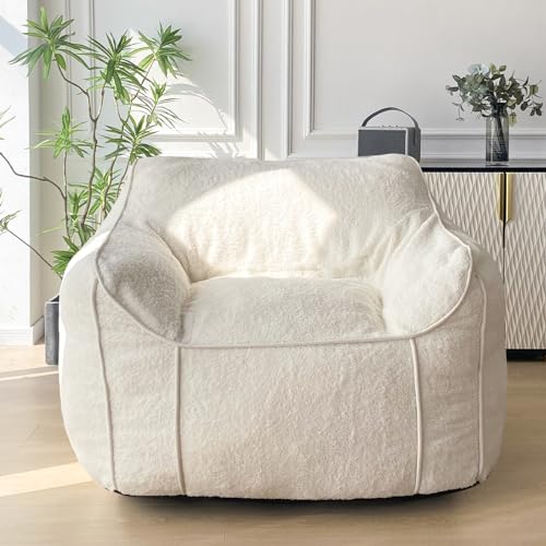 Beige Large Fluffy Bean Bag Chair with Armrest V68222