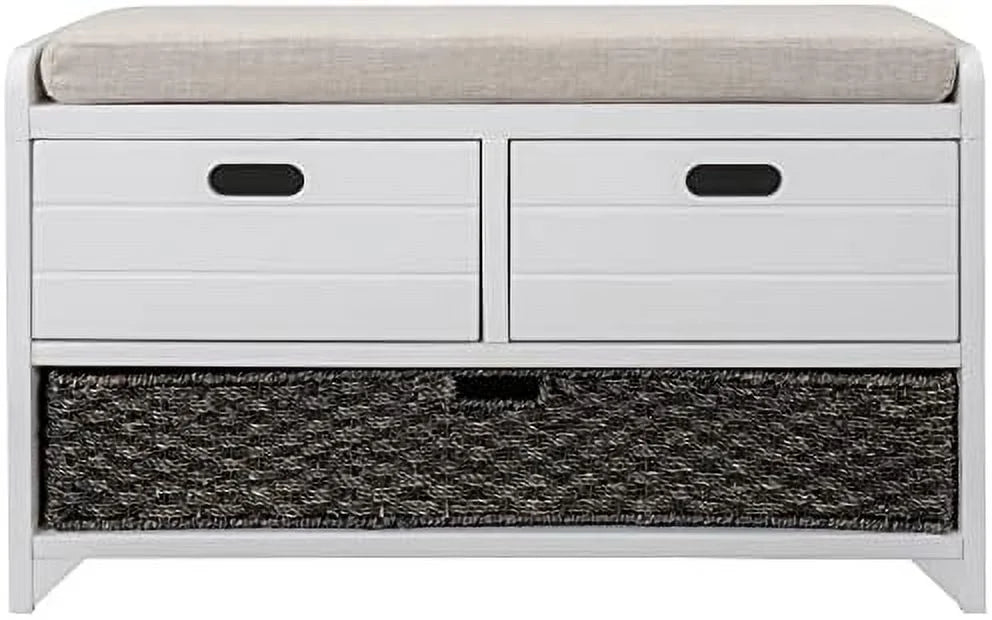 White Wooden Entryway Bench with Cushion 2 Drawers M595990