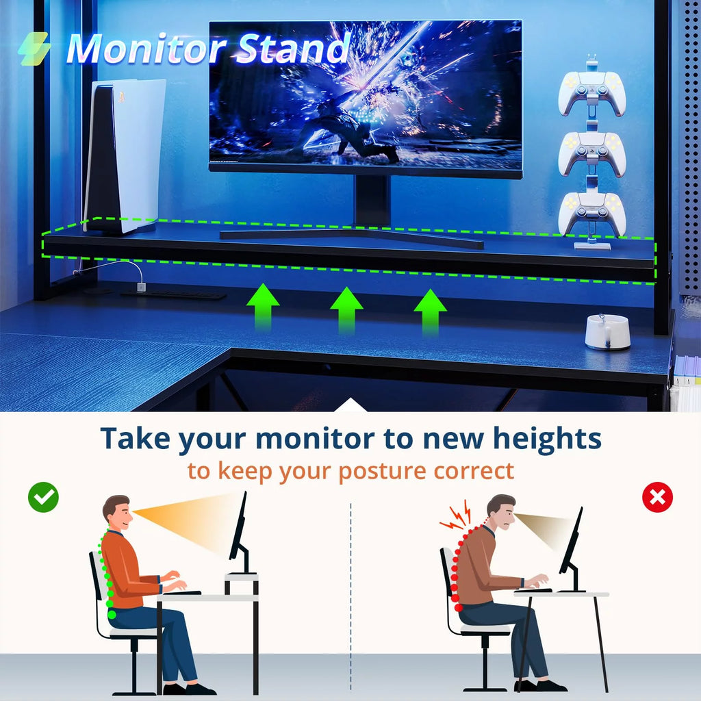 L Shaped Computer Desk with Power Outlet and LED Strip, Black R47365