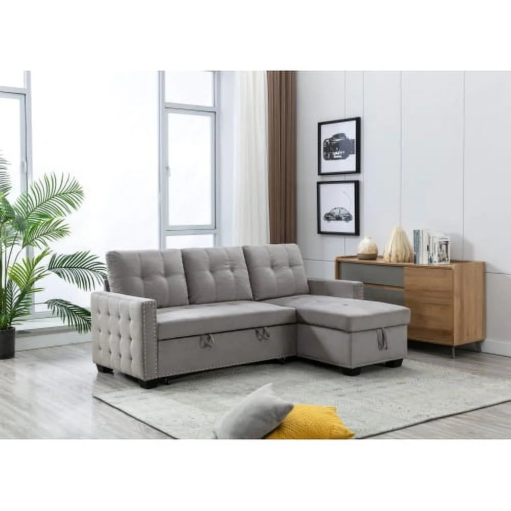 Light Grey Velvet Reversible Sleeper Sofa Bed Z7930