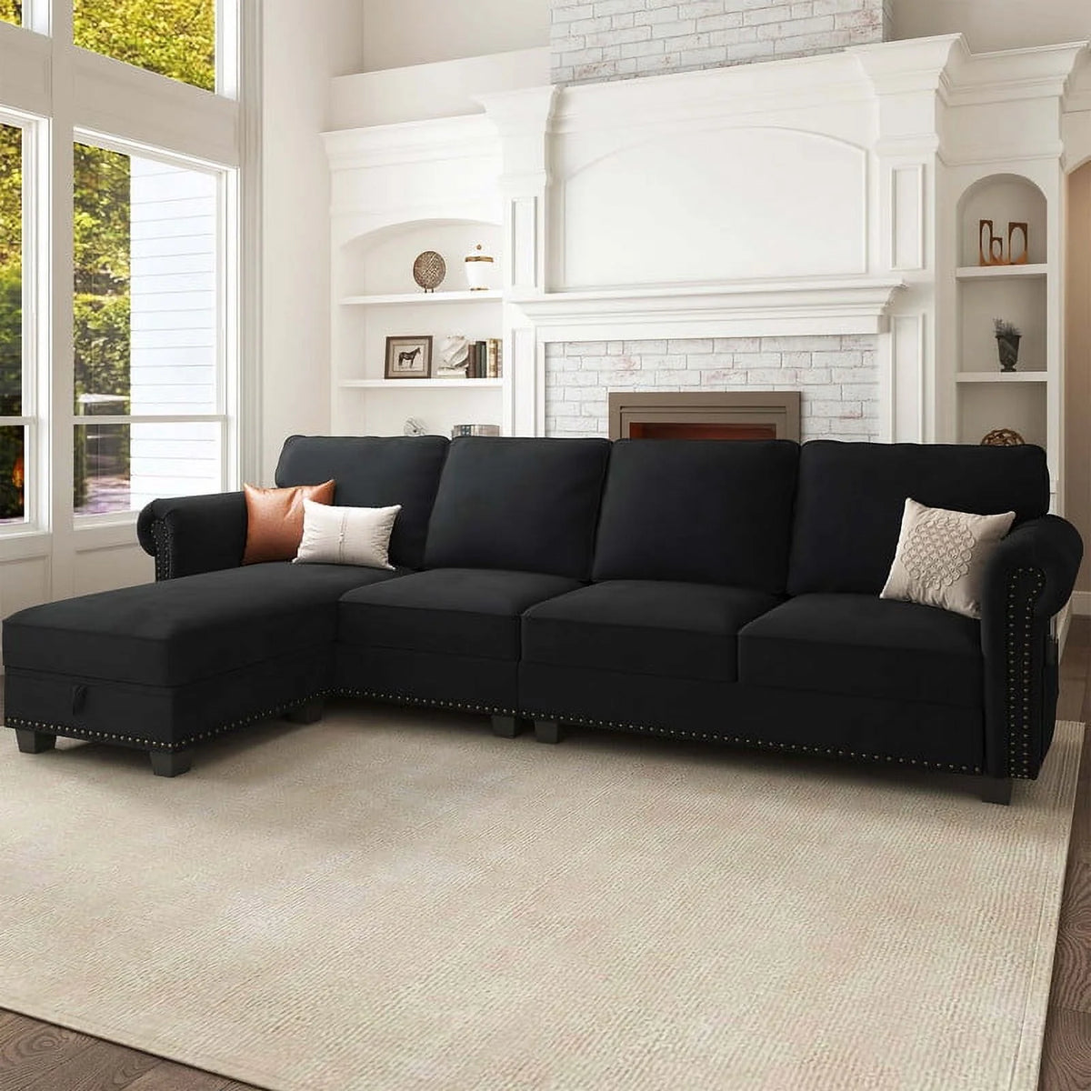 Black Velvet Sectional Sofa with Storage Ottoman and Reversible Chaise I179163