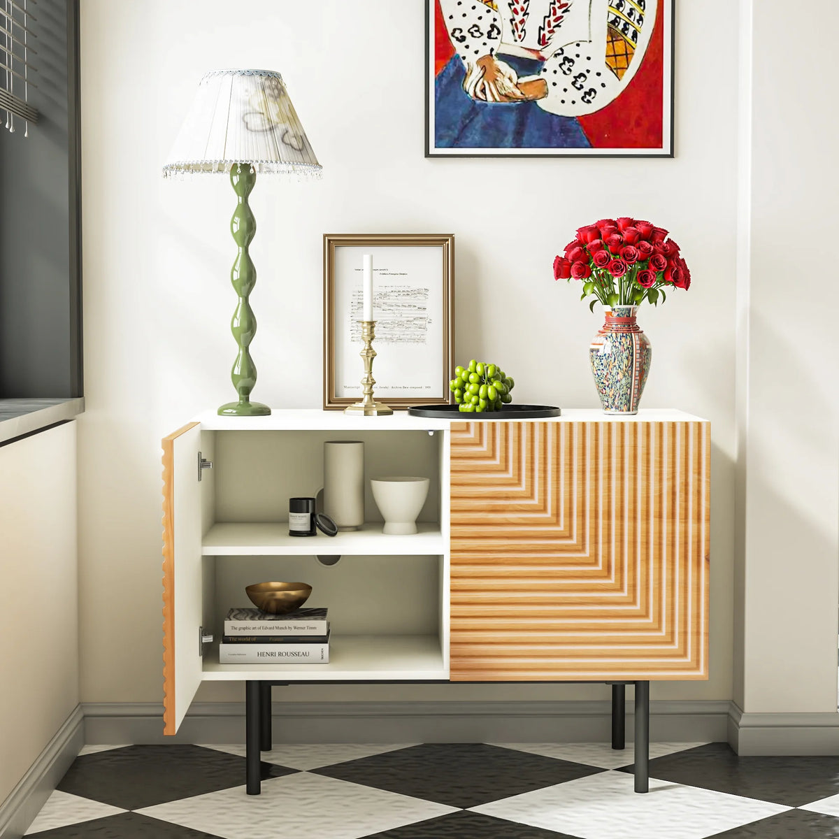 Mid Century Poplar Wood Sideboard Buffet Cabinet with Doors E6981