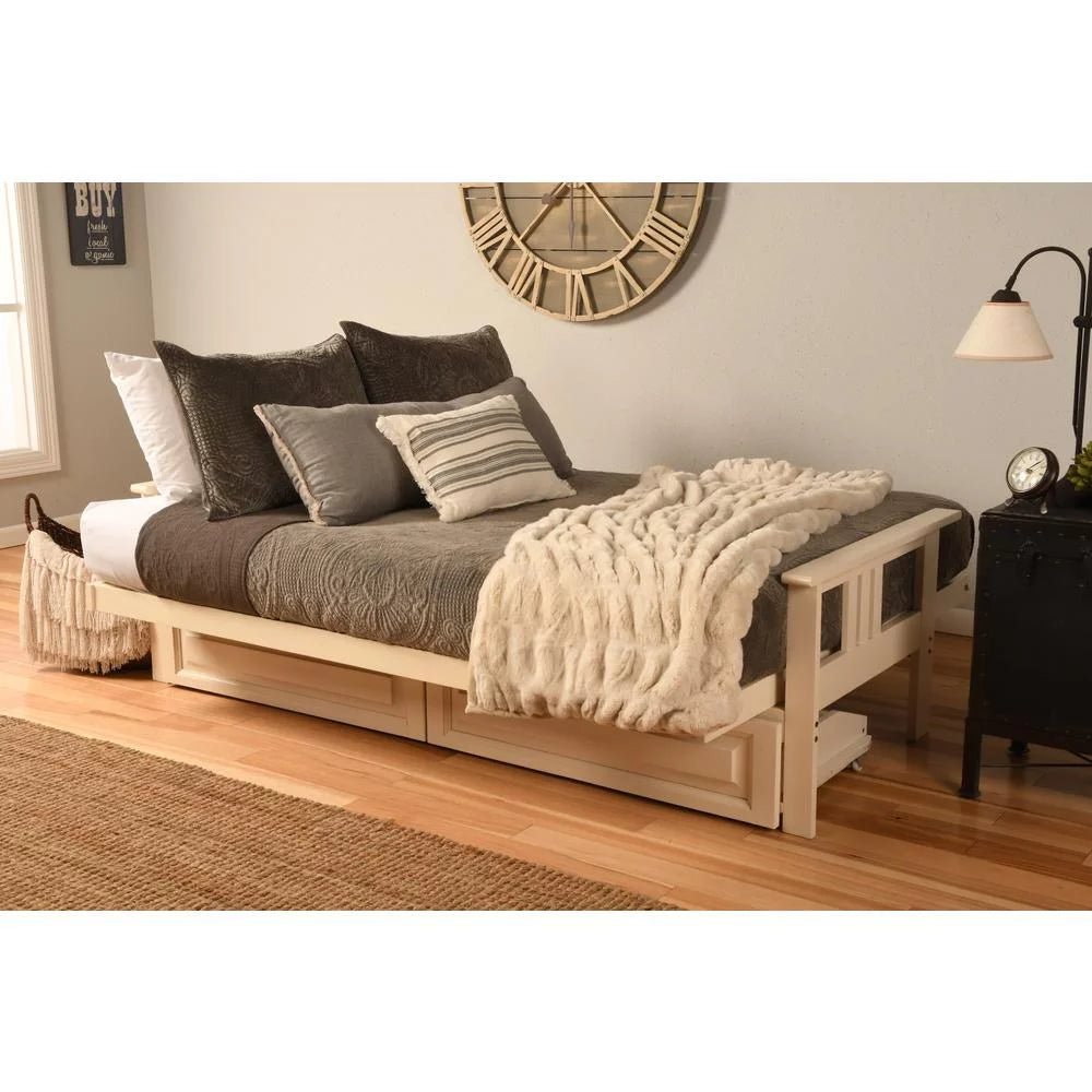 Antique White Wood Futon with Twill Gray Mattress I2495
