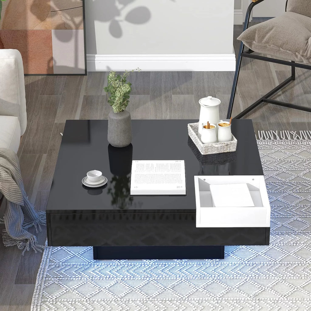 Black Square Coffee Table with Tray and LED Lights O30075
